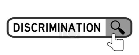 Ilustración de Search banner in word discrimination with hand over magnifier icon on white background - Imagen libre de derechos