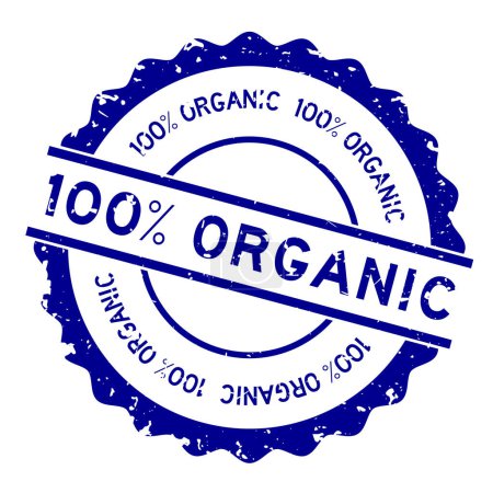 Téléchargez les illustrations : Grunge blue 100 % organic word round rubber seal stamp on white background - en licence libre de droit