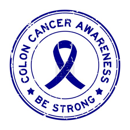 Grunge colon cancer awareness be strong word with ribbon banner as round seal stamp on white background 