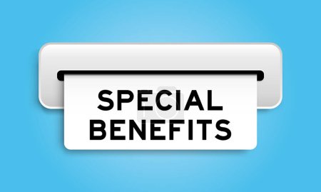 Ilustración de White coupon banner with word special benefits from machine on blue color background - Imagen libre de derechos