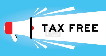 Ilustración de Icono de megáfono de color con palabra libre de impuestos en banner blanco sobre fondo azul - Imagen libre de derechos