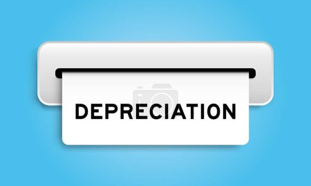 Ilustración de White coupon banner with word depreciation from machine on blue color background - Imagen libre de derechos