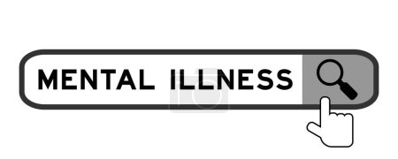 Ilustración de Search banner in word mental illness with hand over magnifier icon on white background - Imagen libre de derechos