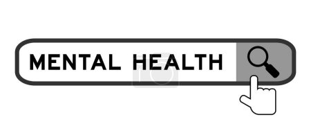 Ilustración de Search banner in word mental health with hand over magnifier icon on white background - Imagen libre de derechos