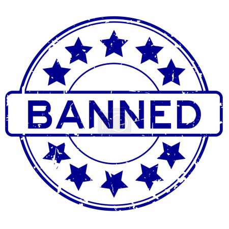 Téléchargez les illustrations : Grunge bleu interdit mot avec icône étoile rond tampon de joint en caoutchouc sur fond blanc - en licence libre de droit