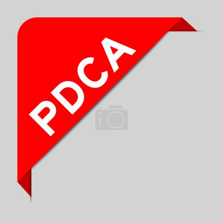 Illustration for Red color of corner label banner with word PDCA (Abbreviation of plan do check act) on gray background - Royalty Free Image