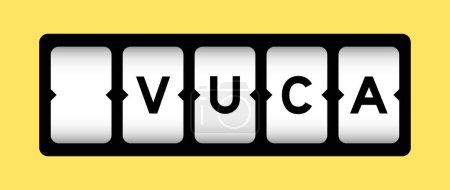 Ilustración de Color negro en la palabra VUCA (abreviatura de Volatilidad, incertidumbre, complejidad y ambigüedad) en el banner de ranura con fondo de color amarillo - Imagen libre de derechos