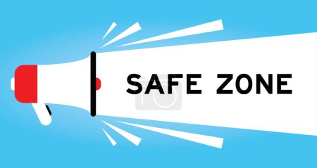 Téléchargez les illustrations : Icône mégaphone couleur avec zone de sécurité Word en bannière blanche sur fond bleu - en licence libre de droit