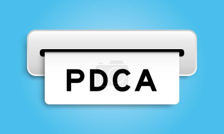 Ilustración de Banner de cupón blanco con la palabra PDCA (abreviatura de plan do check act) de la máquina sobre fondo de color azul - Imagen libre de derechos