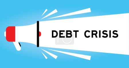 Illustration for Color megaphone icon with word debt crisis in white banner on blue background - Royalty Free Image