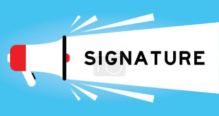 Ilustración de Icono de megáfono de color con firma de palabra en banner blanco sobre fondo azul - Imagen libre de derechos