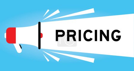 Illustration for Color megaphone icon with word pricing in white banner on blue background - Royalty Free Image