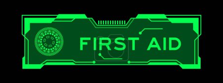 Illustration for Green color of futuristic hud banner that have word first aid on user interface screen on black background - Royalty Free Image