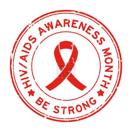 Ilustración de Grunge red HIV/AIDS awareness be strong word with ribbon banner as round seal stamp on white background - Imagen libre de derechos