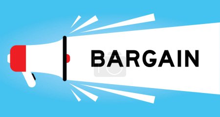 Illustration for Color megaphone icon with word bargain in white banner on blue background - Royalty Free Image
