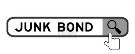 Illustration for Search banner in word junk bond with hand over magnifier icon on white background - Royalty Free Image