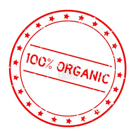 Téléchargez les illustrations : Grunge rouge 100 pour cent mot organique rond tampon d'étanchéité en caoutchouc sur fond blanc - en licence libre de droit