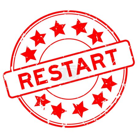 Illustration for Grunge red restart word with star icon round rubber seal stamp on white background - Royalty Free Image