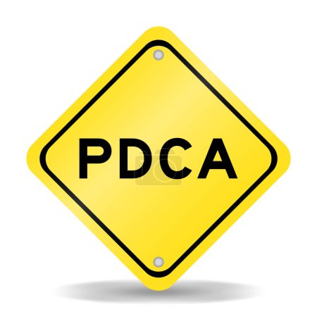 Ilustración de Signo de transporte de color amarillo con la palabra PDCA (abreviatura del plan do check act) sobre fondo blanco - Imagen libre de derechos