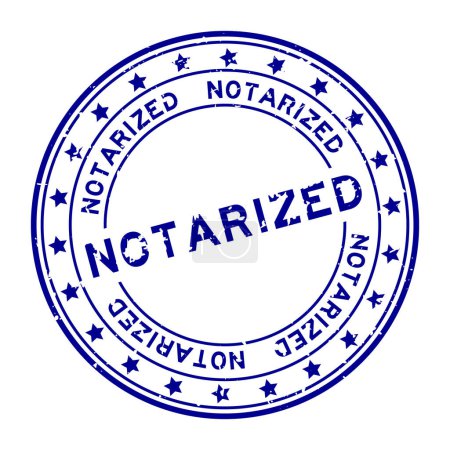 Grunge blue notarized word with star icon round rubber seal stamp on white background