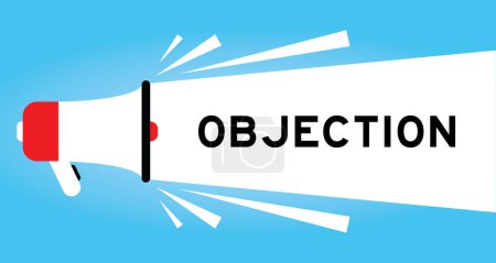 Illustration for Color megaphone icon with word objection in white banner on blue background - Royalty Free Image