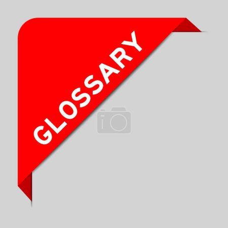 Rote Farbe des Ecketikettenbanners mit Wortglossar auf grauem Hintergrund