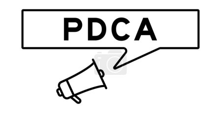 Ilustración de Icono de megáfono con burbuja de voz en la palabra PDCA (Abreviatura de plan do check act) sobre fondo blanco - Imagen libre de derechos