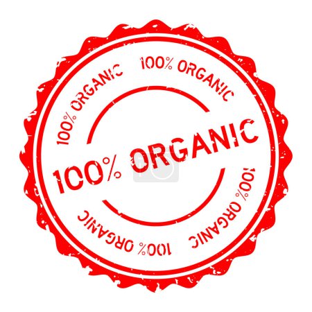Téléchargez les illustrations : Grunge rouge 100 pour cent mot organique rond tampon d'étanchéité en caoutchouc sur fond blanc - en licence libre de droit