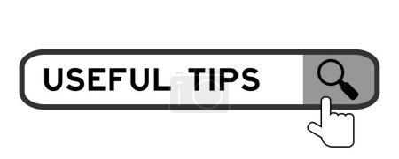 Illustration for Search banner in word useful tips with hand over magnifier icon on white background - Royalty Free Image