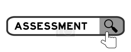 Illustration for Search banner in word assessment with hand over magnifier icon on white background - Royalty Free Image