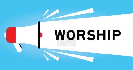 Illustration for Color megaphone icon with word worship in white banner on blue background - Royalty Free Image