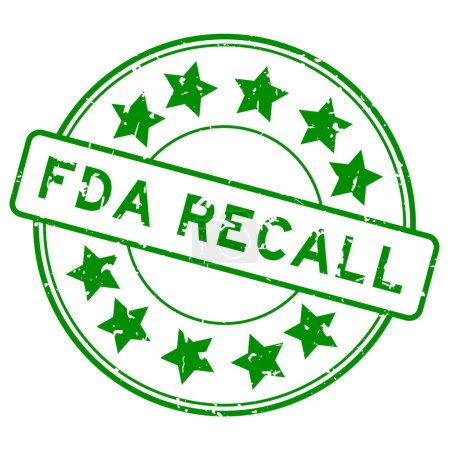 Téléchargez les illustrations : Grunge vert FDA rappel mot avec icône étoile rond tampon de joint en caoutchouc sur fond blanc - en licence libre de droit