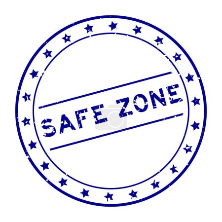 Téléchargez les illustrations : Grunge bleu zone sûre mot rond tampon de joint en caoutchouc sur fond blanc - en licence libre de droit