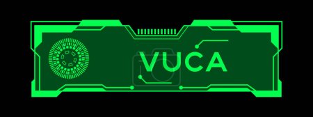 Illustrazione per Colore verde del banner futuristico hud che ha la parola vuca sullo schermo dell'interfaccia utente su sfondo nero - Immagini Royalty Free