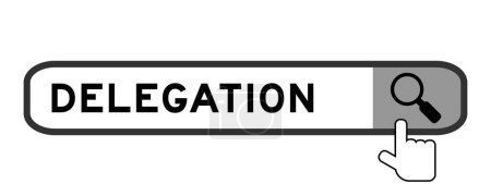 Illustration for Search banner in word delegation with hand over magnifier icon on white background - Royalty Free Image