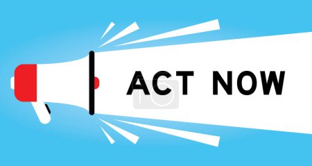 Illustration for Color megaphone icon with word act now in white banner on blue background - Royalty Free Image