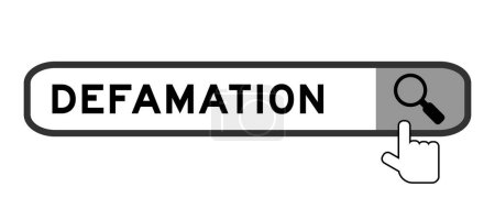 Illustration for Search banner in word defamation with hand over magnifier icon on white background - Royalty Free Image