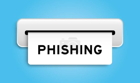 Weißes Coupon-Banner mit Word-Phishing von Maschine auf blauem Hintergrund