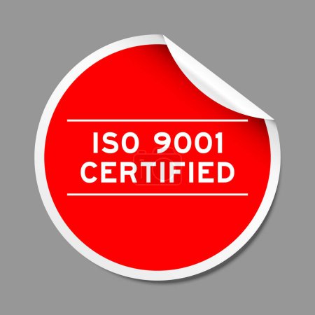 Illustration for Red color peel sticker label with word ISO 9001 certified on gray background - Royalty Free Image