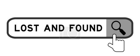 Ilustración de Banner de búsqueda en la palabra perdida y encontrado con la mano sobre el icono de la lupa en el fondo blanco - Imagen libre de derechos
