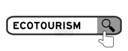 Illustration for Search banner in word ecotourism with hand over magnifier icon on white background - Royalty Free Image