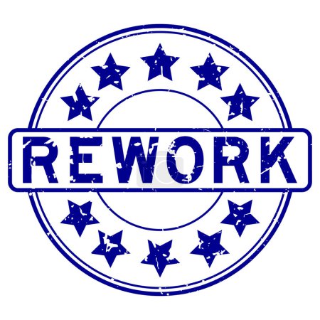 Illustration for Grunge blue rework word with star icon round rubber seal stamp on white background - Royalty Free Image