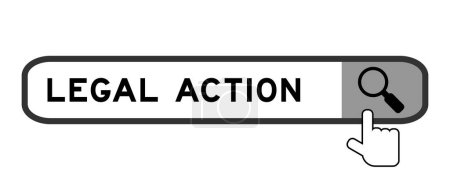Téléchargez les illustrations : Rechercher bannière dans le mot action en justice avec la main sur l'icône loupe sur fond blanc - en licence libre de droit
