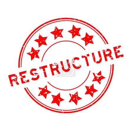 Ilustración de Grunge palabra de reestructuración roja con sello de sello de goma redonda icono estrella sobre fondo blanco - Imagen libre de derechos