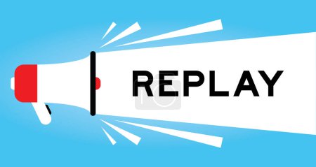 Illustration for Color megaphone icon with word replay in white banner on blue background - Royalty Free Image
