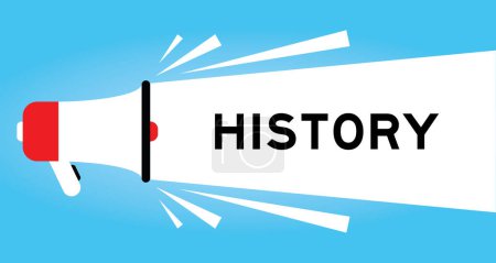 Ilustración de Icono de megáfono de color con historial de palabras en banner blanco sobre fondo azul - Imagen libre de derechos