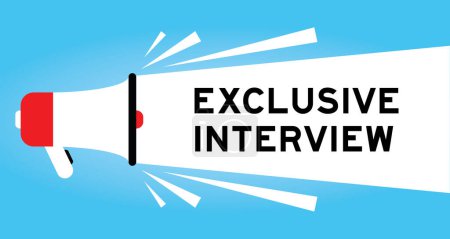 Illustration for Color megaphone icon with word exclusive interview in white banner on blue background - Royalty Free Image