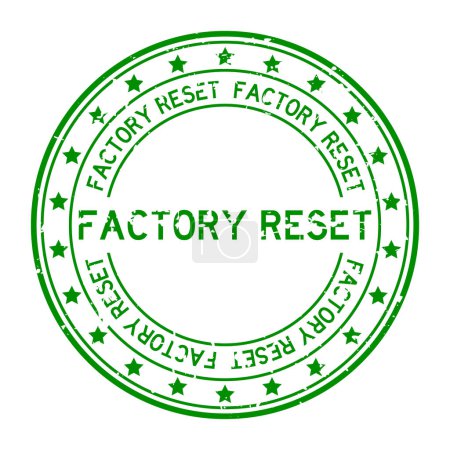 Illustration for Grunge green factory reset word with star icon round rubber seal stamp on white background - Royalty Free Image