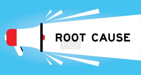 Illustration for Color megaphone icon with word root cause in white banner on blue background - Royalty Free Image