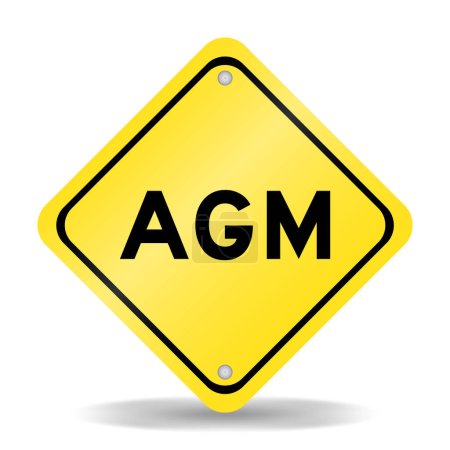 Ilustración de Signo de transporte de color amarillo con la palabra AGM (Abreviatura de la junta general anual) sobre fondo blanco - Imagen libre de derechos